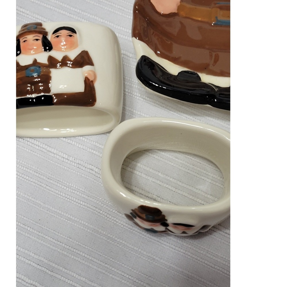 Y2K Vintage Thanksgiving Publix Pilgrim Salt Pepper Spoon Rest Napkin Rings - Picture 4 of 8